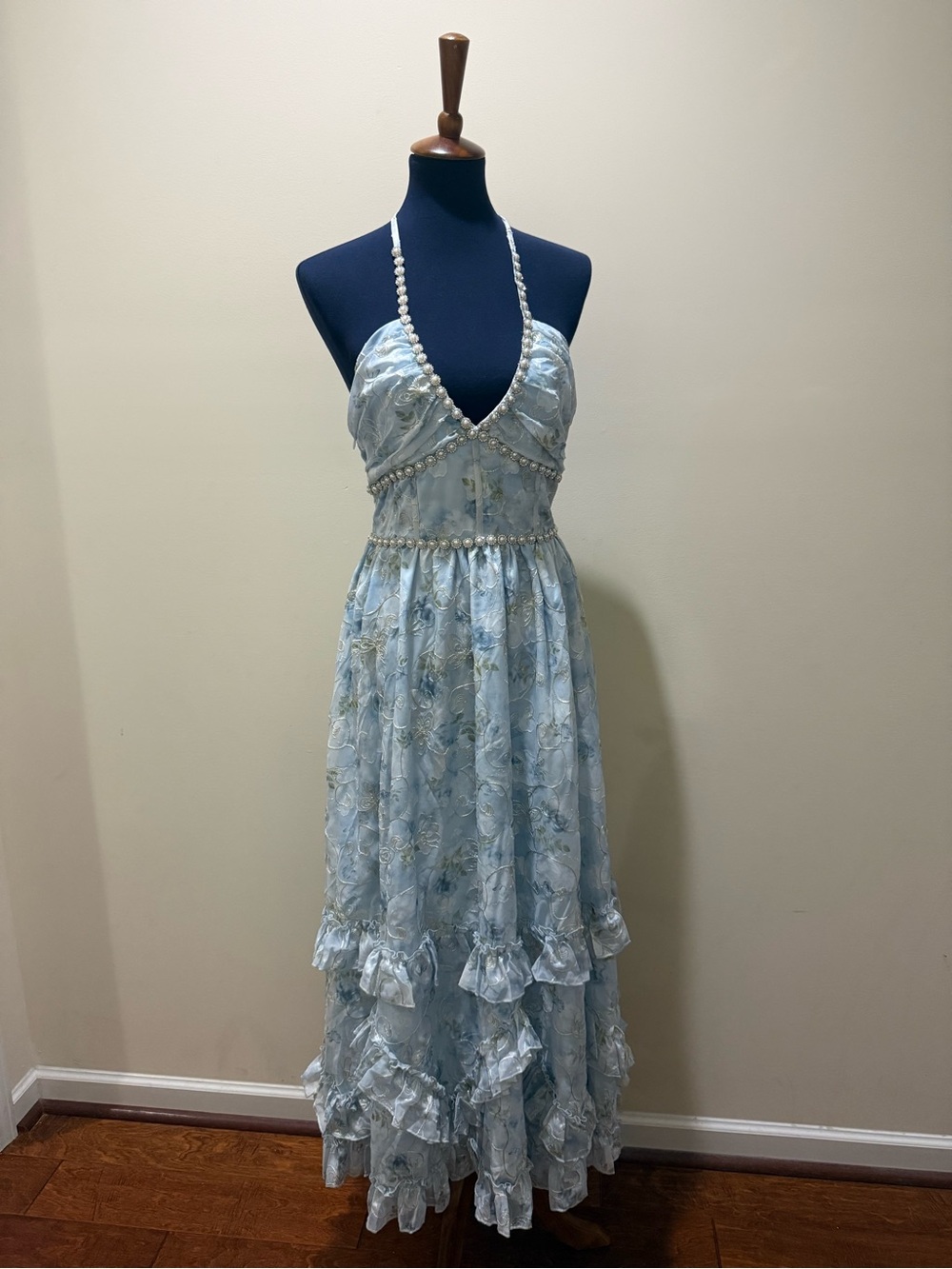 SHEIN Light Blue Floral Halter Maxi Dress with Pearl Straps